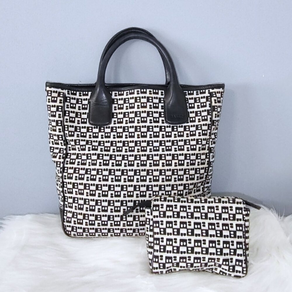 Bally "B" logo tote + pouch set canvas leather EUC
